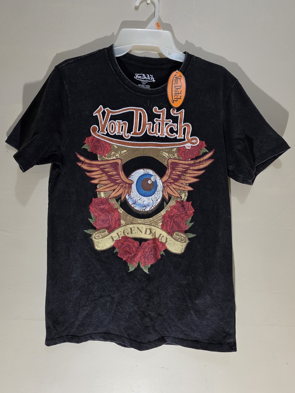 Von Dutch Legendary Graphic T Shirt Black Acid Wash Size Small Y2K